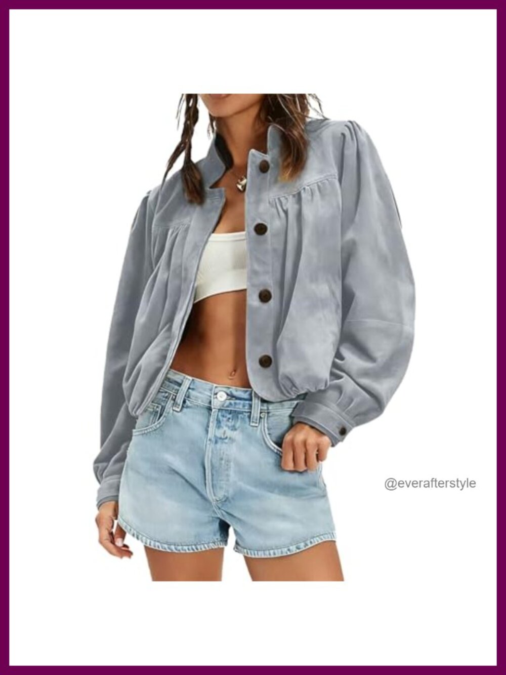 Faux Suede Cropped Jacket Puff Sleeve Button Down Oversized Casual Coat